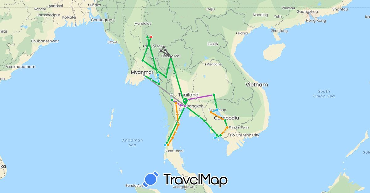 TravelMap itinerary: driving, bus, plane, train, hiking, boat, hitchhiking, motorbike in Cambodia, Myanmar (Burma), Thailand (Asia)